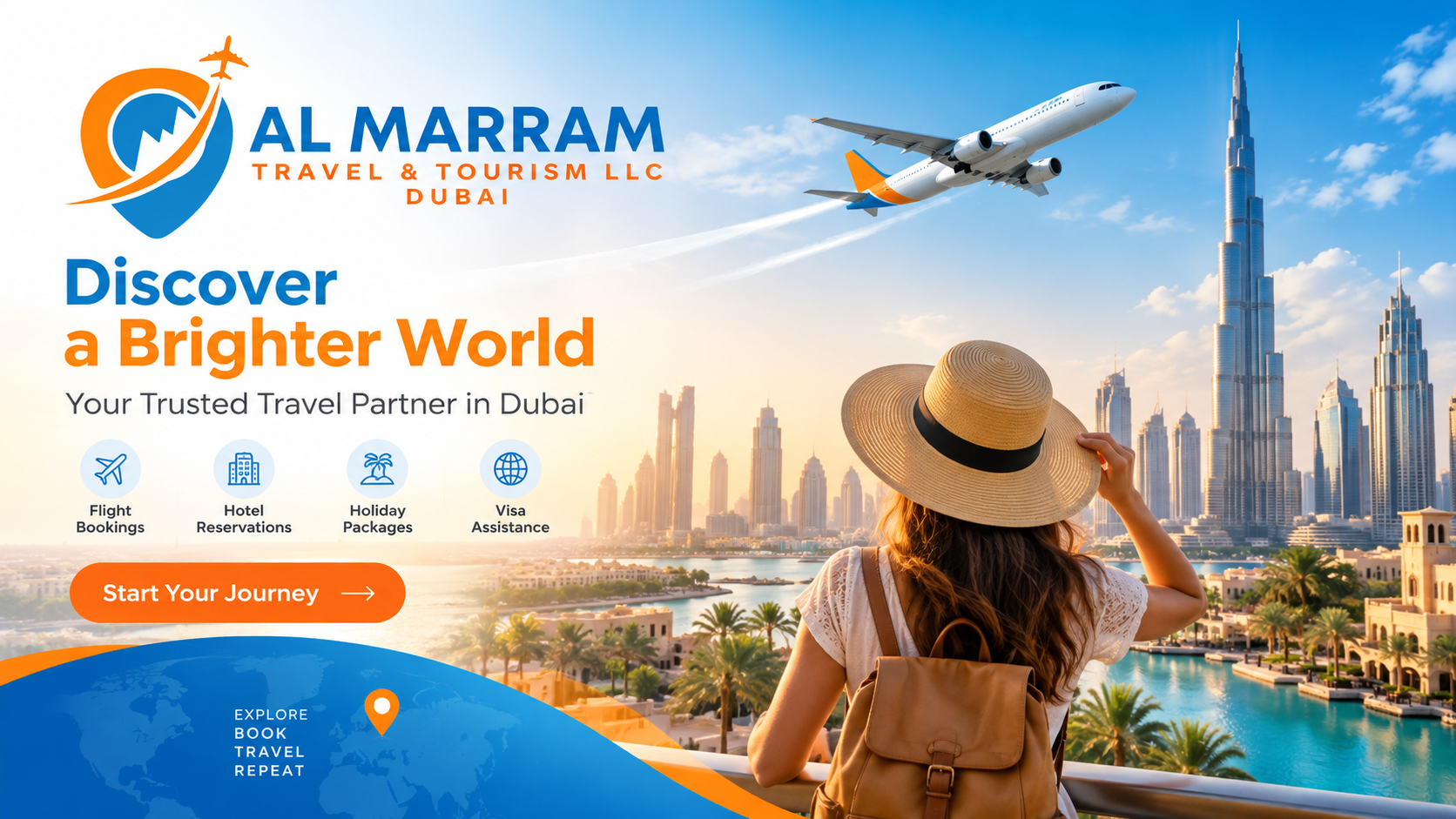 Almaram Travel Agency, Dubai — Discover a Brighter World: a traveller looking out over the Dubai skyline as a plane climbs away.